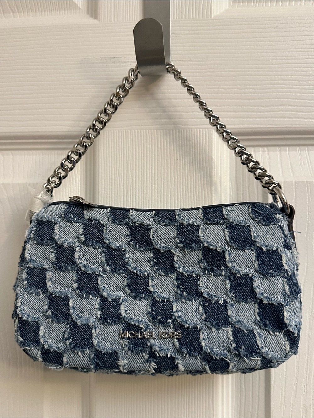 MICHAEL KORS Two-Tone Blue Denim Pouchette Shoulder Bag with Silver Chain